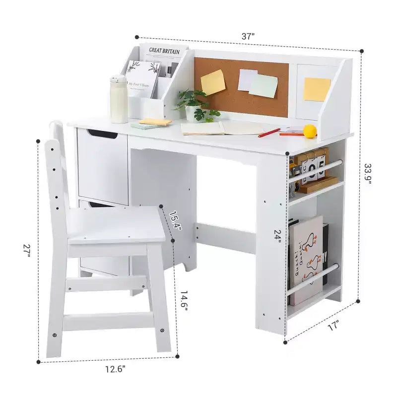 COZONY Kids Study Desk with Chair, Student Writing Table with Bookshelf, Bulletin Board & Cabinets, Children Study Desk for Boys & Girls