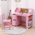 COZONY Kids Study Desk with Chair, Student Writing Table with Bookshelf, Bulletin Board & Cabinets, Children Study Desk for Boys & Girls