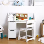 COZONY Kids Study Desk with Chair, Student Writing Table with Bookshelf, Bulletin Board & Cabinets, Children Study Desk for Boys & Girls