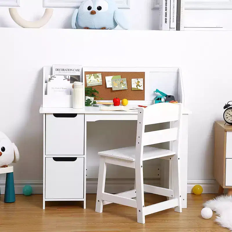 COZONY Kids Study Desk with Chair, Student Writing Table with Bookshelf, Bulletin Board & Cabinets, Children Study Desk for Boys & Girls