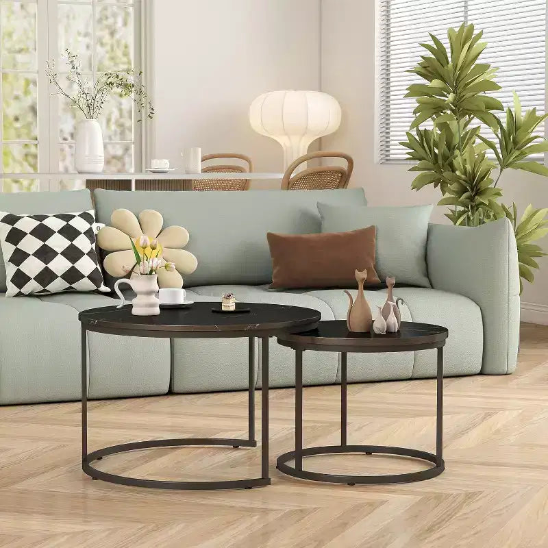 Zevemomo Tavolino da caffè rotondo piccolo, set di 2 tavolini da caffè a incastro da 27,6" in legno con piano circolare effetto marmo per soggiorno, camera da letto, patio, giardino (nero)