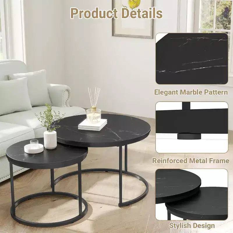Zevemomo Tavolino da caffè rotondo piccolo, set di 2 tavolini da caffè a incastro da 27,6" in legno con piano circolare effetto marmo per soggiorno, camera da letto, patio, giardino (nero)