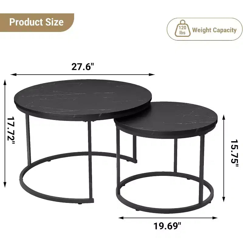 Zevemomo Tavolino da caffè rotondo piccolo, set di 2 tavolini da caffè a incastro da 27,6" in legno con piano circolare effetto marmo per soggiorno, camera da letto, patio, giardino (nero)
