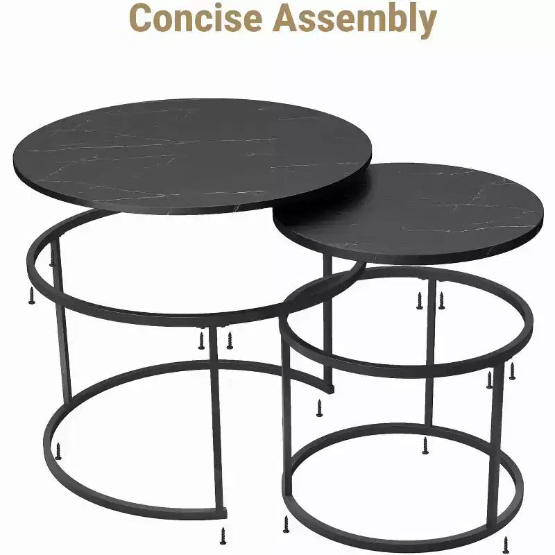Zevemomo Tavolino da caffè rotondo piccolo, set di 2 tavolini da caffè a incastro da 27,6" in legno con piano circolare effetto marmo per soggiorno, camera da letto, patio, giardino (nero)