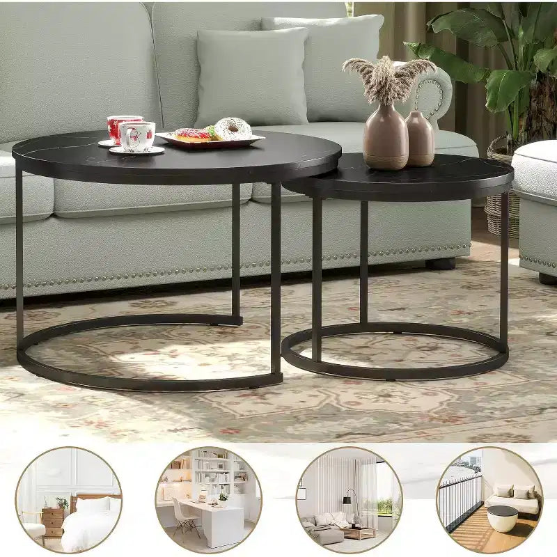 Zevemomo Tavolino da caffè rotondo piccolo, set di 2 tavolini da caffè a incastro da 27,6" in legno con piano circolare effetto marmo per soggiorno, camera da letto, patio, giardino (nero)