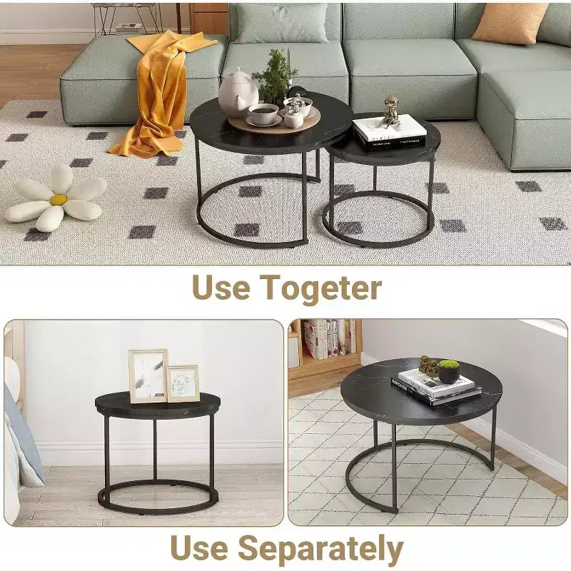 Zevemomo Tavolino da caffè rotondo piccolo, set di 2 tavolini da caffè a incastro da 27,6" in legno con piano circolare effetto marmo per soggiorno, camera da letto, patio, giardino (nero)