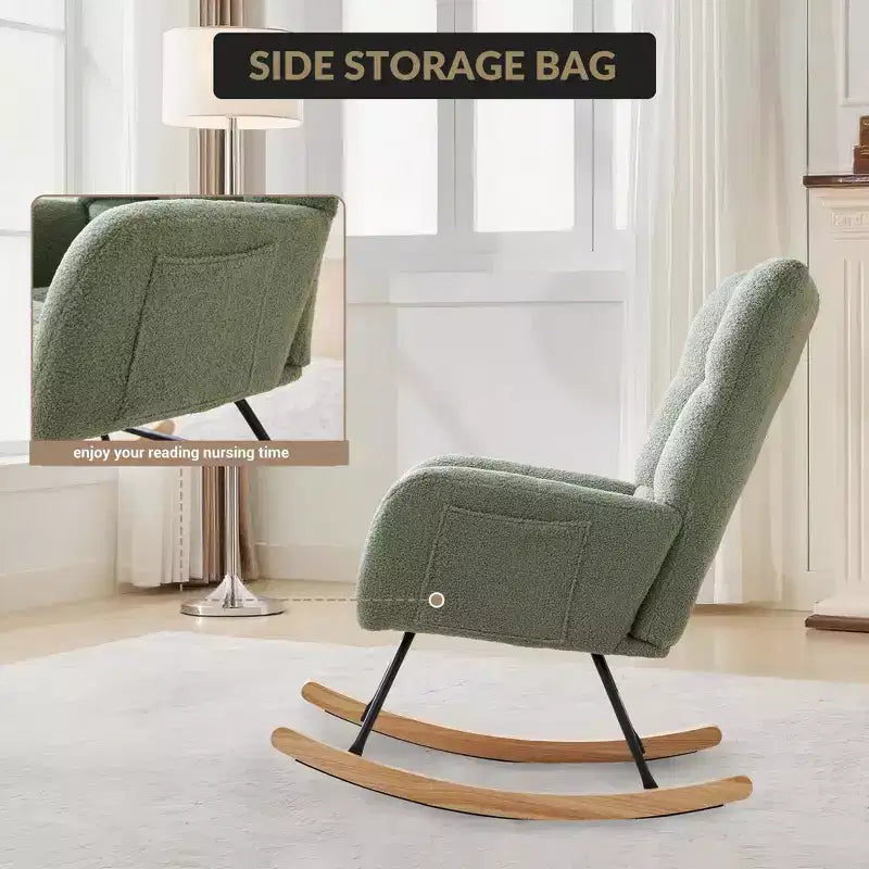 Sedia a Dondolo Rivestita in Teddy, Poltrona a Dondolo con Schienale Alto, Poltrona Comoda Moderna da Lettura per Camera da Letto, Salotto