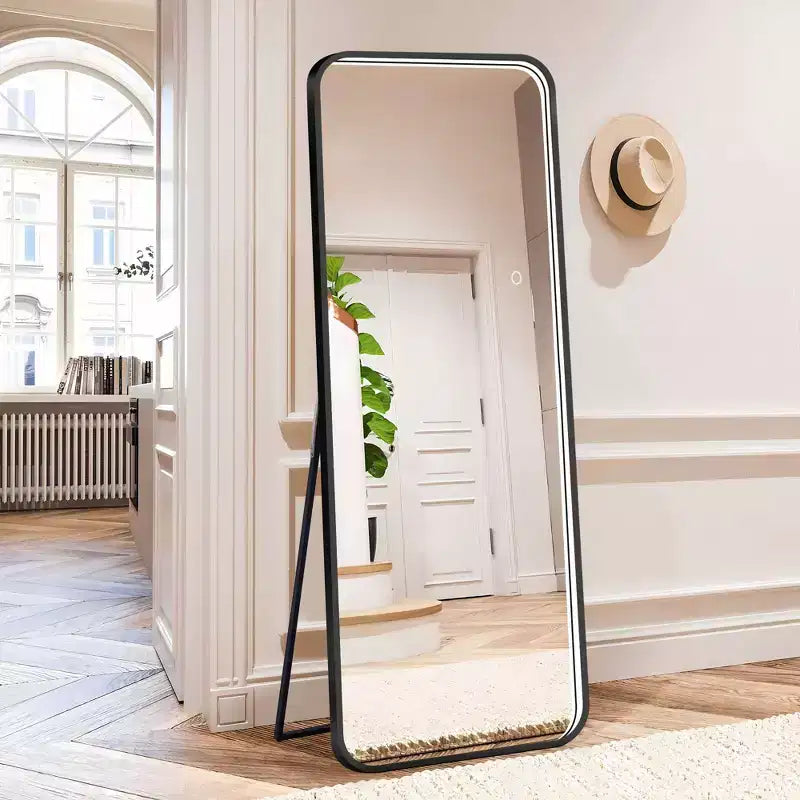Okak 64*17in Modern Round Corner Standing Mirror, Mutifunction Full Body Mirror with Hanging Hole, Wall Mirror for Dressing Room, Living Room