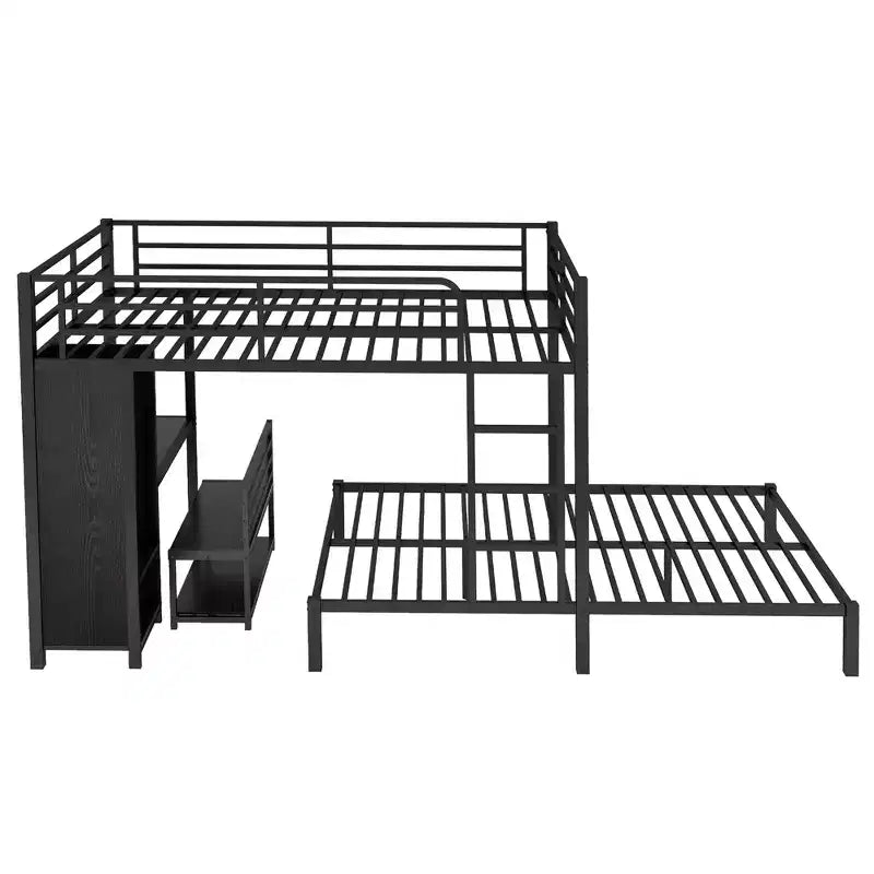 Bellemave Queen over Queen Size Bunk Bed Frame with Built-in Wardrobe,Metal Bunk Bed with Desk and Storage Chairs, Black