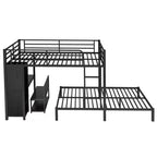 Bellemave Queen over Queen Size Bunk Bed Frame with Built-in Wardrobe,Metal Bunk Bed with Desk and Storage Chairs, Black
