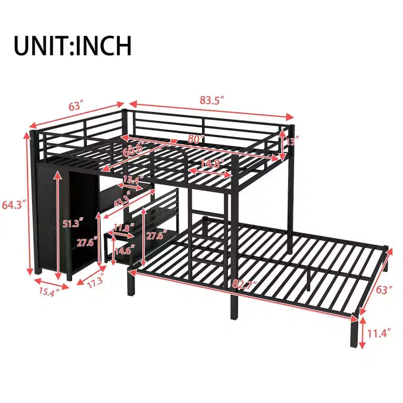 Bellemave Letto a castello Queen su Queen Size con armadio integrato, letto a castello in metallo con scrivania e sedie portaoggetti, nero