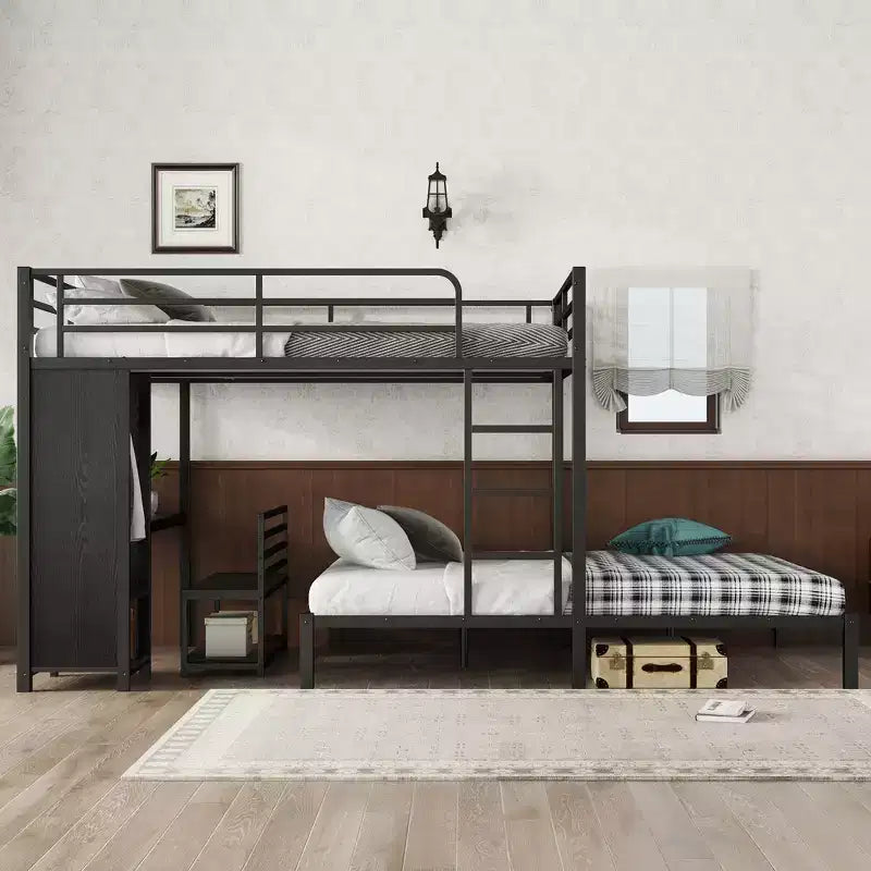 Bellemave Letto a castello Queen su Queen Size con armadio integrato, letto a castello in metallo con scrivania e sedie portaoggetti, nero