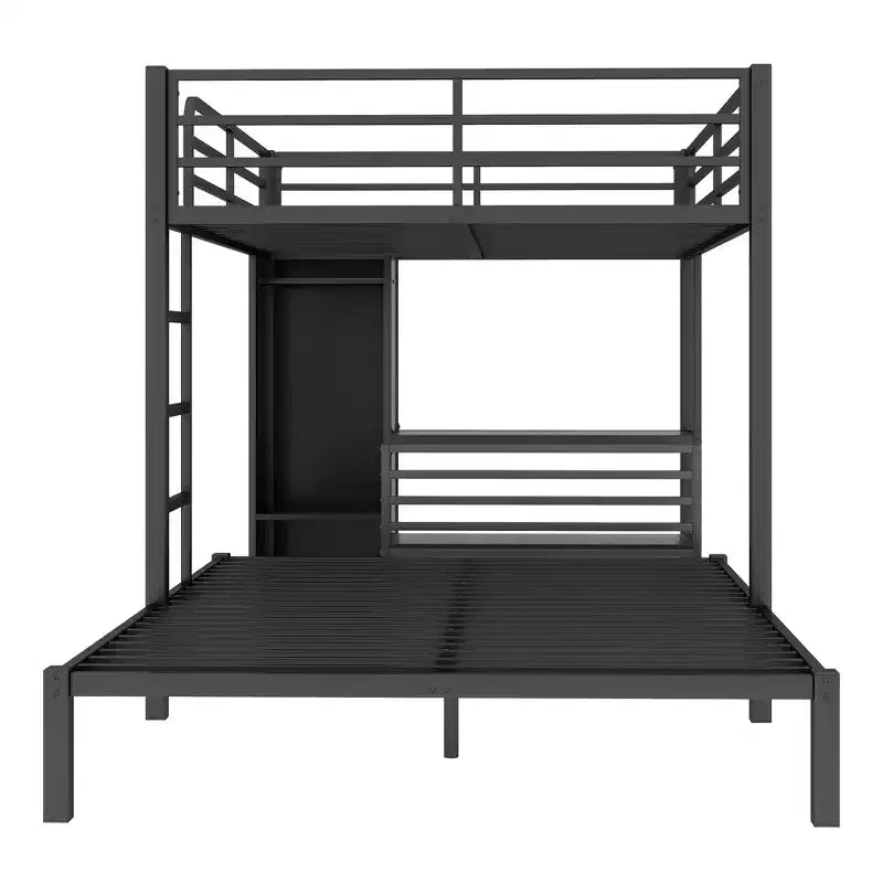 Bellemave Letto a castello Queen su Queen Size con armadio integrato, letto a castello in metallo con scrivania e sedie portaoggetti, nero