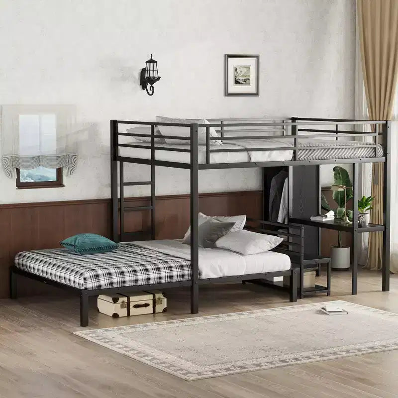 Bellemave Letto a castello Queen su Queen Size con armadio integrato, letto a castello in metallo con scrivania e sedie portaoggetti, nero