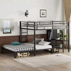 Bellemave Letto a castello Queen su Queen Size con armadio integrato, letto a castello in metallo con scrivania e sedie portaoggetti, nero