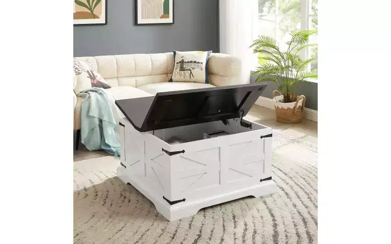 Tavolino da caffè quadrato Zevemomo Farmhouse con contenitore per soggiorno, 31 tavolini da caffè rustici in legno con contenitore e doppio coperchio ribaltabile, bianco