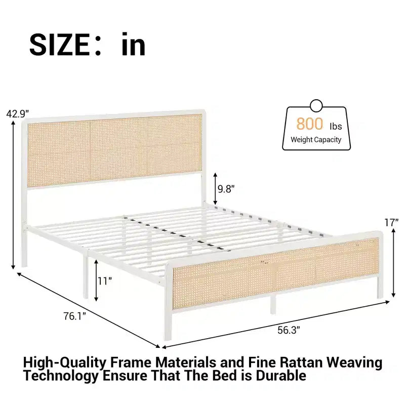 Rattan Bed Frame with Headboard LED Lights, Storage and Footboard Easy Assembly, No Box Spring Needed