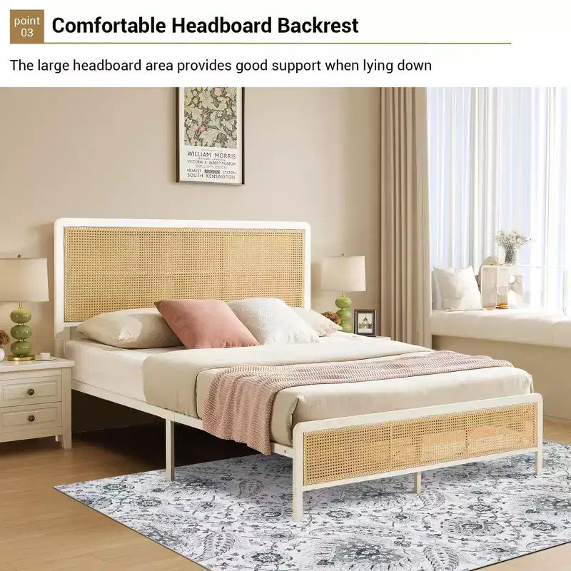 Rattan Bed Frame with Headboard LED Lights, Storage and Footboard Easy Assembly, No Box Spring Needed