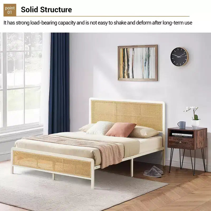 Rattan Bed Frame with Headboard LED Lights, Storage and Footboard Easy Assembly, No Box Spring Needed