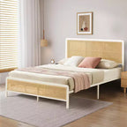 Rattan Bed Frame with Headboard LED Lights, Storage and Footboard Easy Assembly, No Box Spring Needed