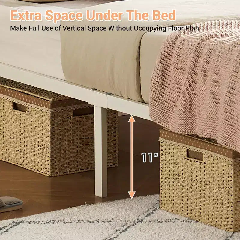 Rattan Bed Frame with Headboard LED Lights, Storage and Footboard Easy Assembly, No Box Spring Needed