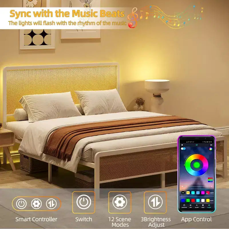 Rattan Bed Frame with Headboard LED Lights, Storage and Footboard Easy Assembly, No Box Spring Needed