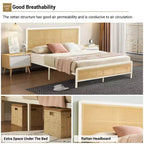 Rattan Bed Frame with Headboard LED Lights, Storage and Footboard Easy Assembly, No Box Spring Needed