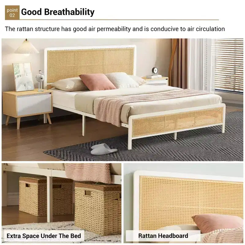 Rattan Bed Frame with Headboard LED Lights, Storage and Footboard Easy Assembly, No Box Spring Needed