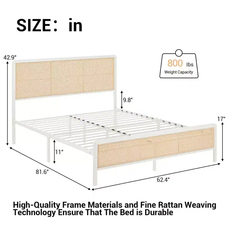Rattan Bed Frame with Headboard LED Lights, Storage and Footboard Easy Assembly, No Box Spring Needed