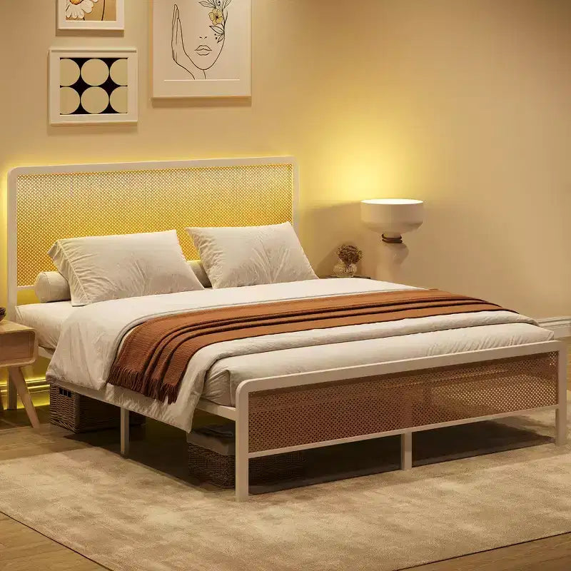 Rattan Bed Frame with Headboard LED Lights, Storage and Footboard Easy Assembly, No Box Spring Needed