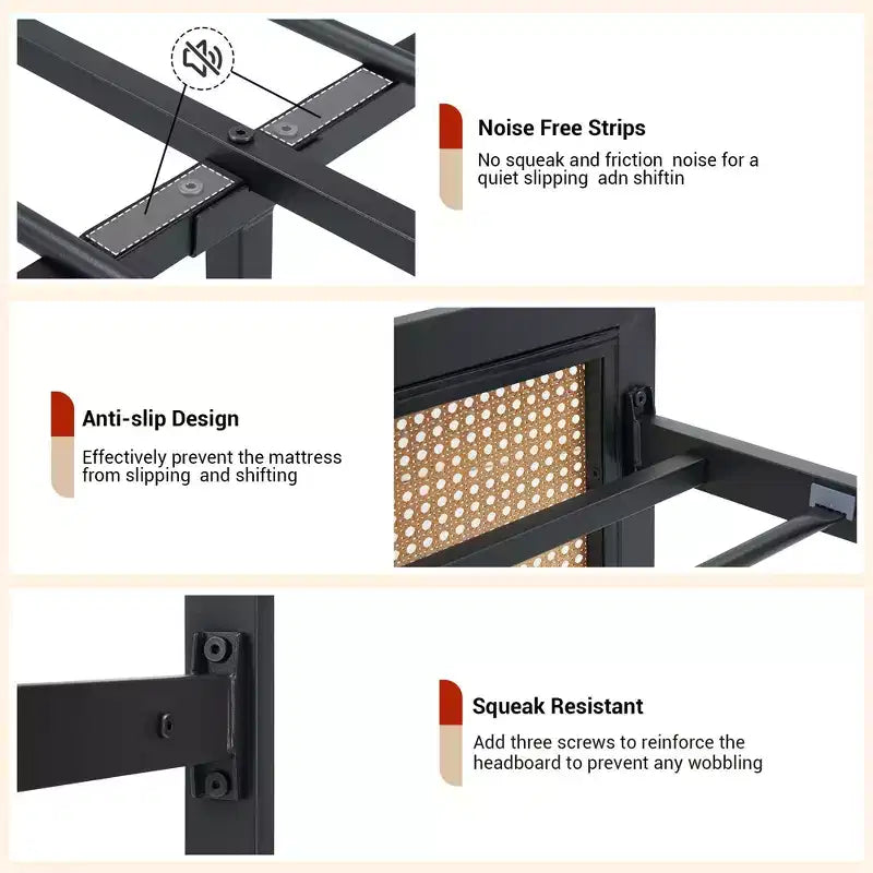 Rattan Bed Frame with Headboard LED Lights, Storage and Footboard Easy Assembly, No Box Spring Needed