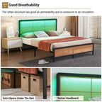 Rattan Bed Frame with Headboard LED Lights, Storage and Footboard Easy Assembly, No Box Spring Needed