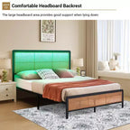 Rattan Bed Frame with Headboard LED Lights, Storage and Footboard Easy Assembly, No Box Spring Needed