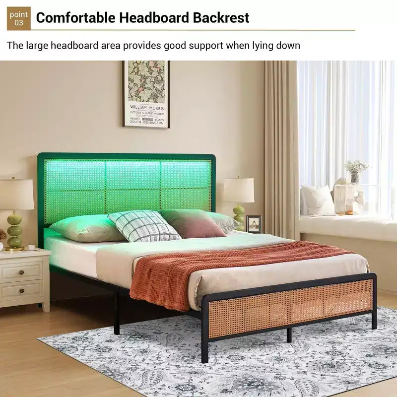 Rattan Bed Frame with Headboard LED Lights, Storage and Footboard Easy Assembly, No Box Spring Needed