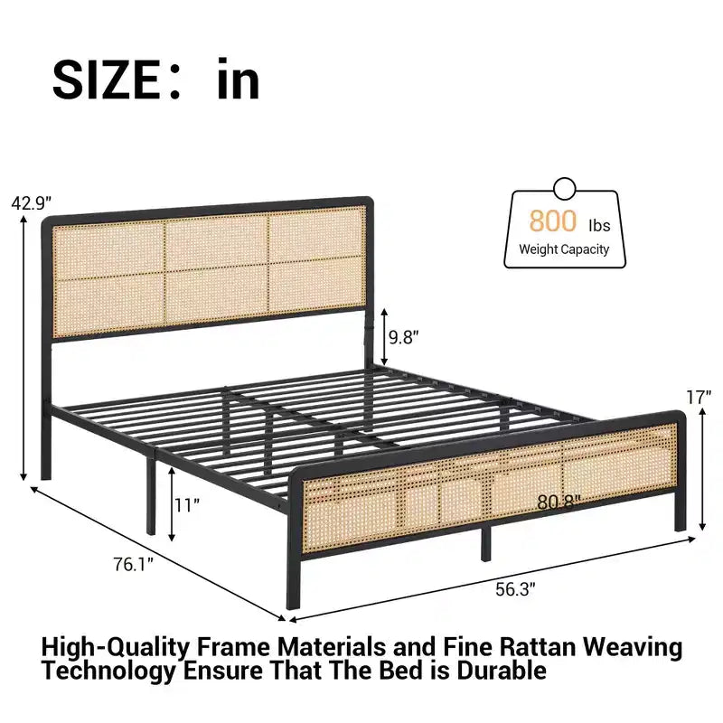Rattan Bed Frame with Headboard LED Lights, Storage and Footboard Easy Assembly, No Box Spring Needed
