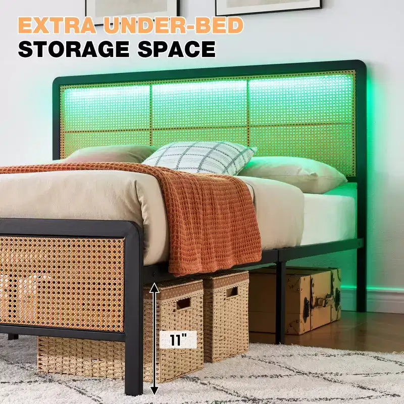 Rattan Bed Frame with Headboard LED Lights, Storage and Footboard Easy Assembly, No Box Spring Needed