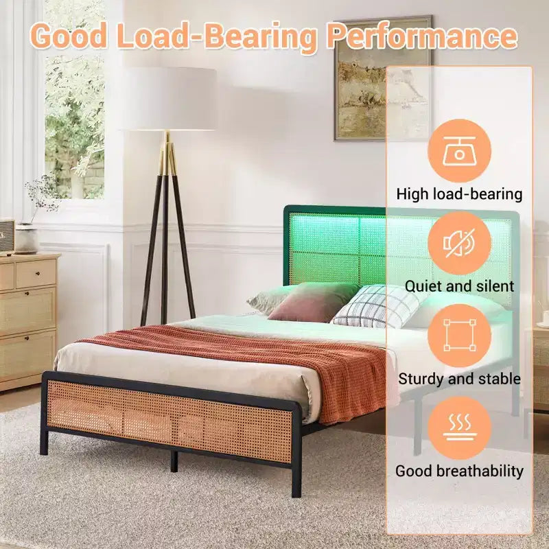 Rattan Bed Frame with Headboard LED Lights, Storage and Footboard Easy Assembly, No Box Spring Needed
