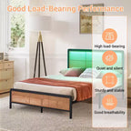 Rattan Bed Frame with Headboard LED Lights, Storage and Footboard Easy Assembly, No Box Spring Needed