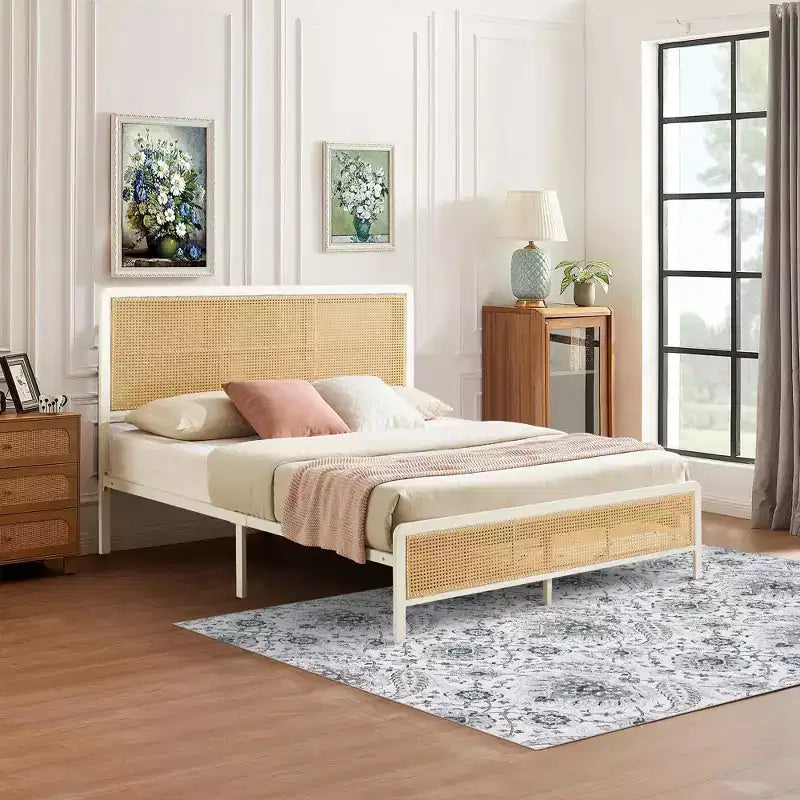 Rattan Bed Frame with Headboard LED Lights, Storage and Footboard Easy Assembly, No Box Spring Needed