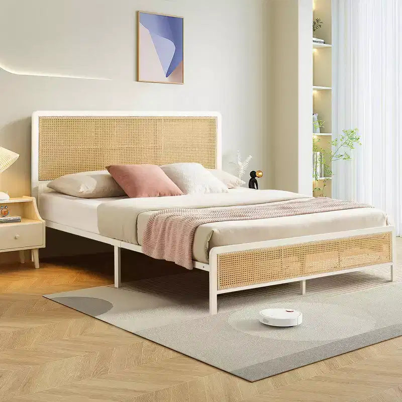 Rattan Bed Frame with Headboard LED Lights, Storage and Footboard Easy Assembly, No Box Spring Needed