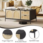 Coffee Table, 40.9'' Modern Coffee Table with Storage - Rattan Accent Living Room Table 2 Drawers/Doors (Farmhouse/Metal Legs)