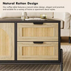 Coffee Table, 40.9'' Modern Coffee Table with Storage - Rattan Accent Living Room Table 2 Drawers/Doors (Farmhouse/Metal Legs)
