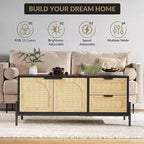 Coffee Table, 40.9'' Modern Coffee Table with Storage - Rattan Accent Living Room Table 2 Drawers/Doors (Farmhouse/Metal Legs)