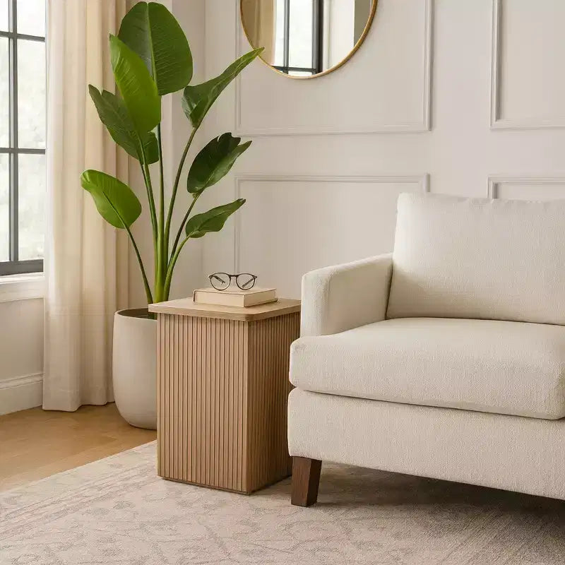 Tavolino con design a coste quadrate - Comodino, mobile d'accento utilizzabile come tavolino - Tavolino compatto dal look moderno - 20, legno naturale