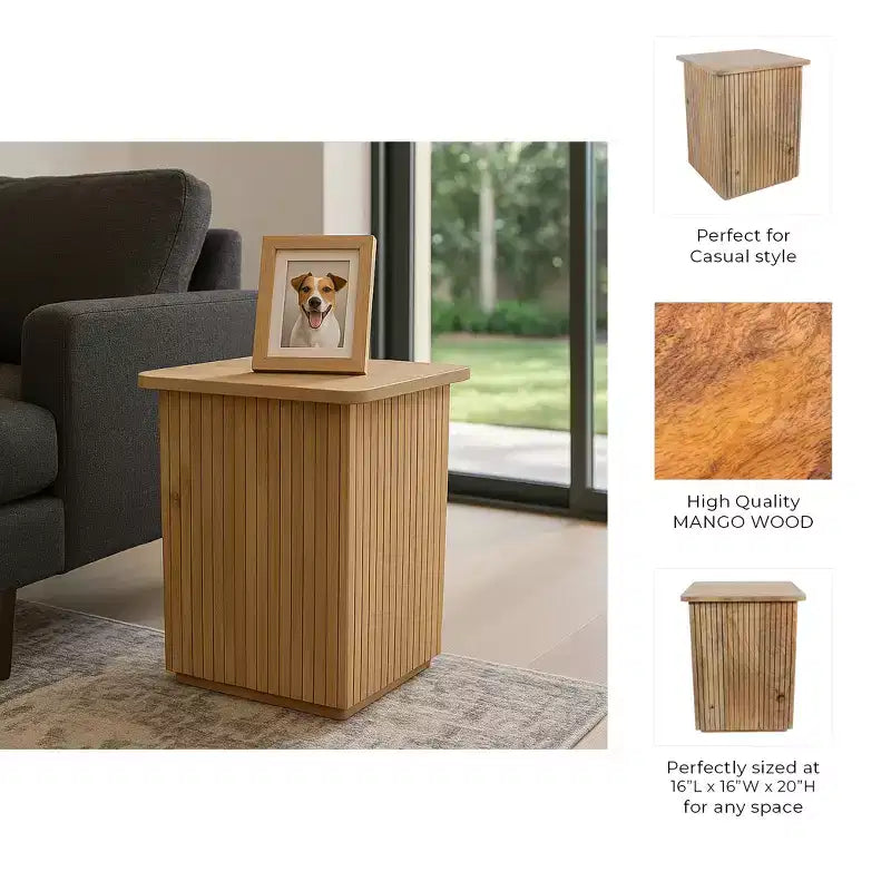 Tavolino con design a coste quadrate - Comodino, mobile d'accento utilizzabile come tavolino - Tavolino compatto dal look moderno - 20, legno naturale