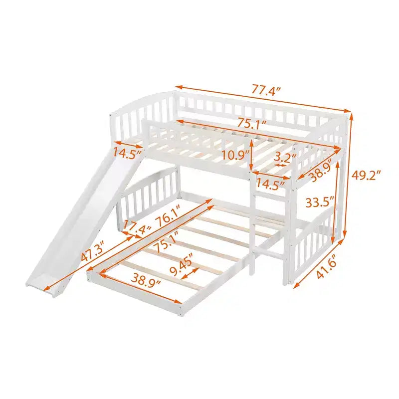 Floor Bunk Bed with Slide and Stairs, Low Bunk Bed Twin over Twin with Storage, Wood Twin Bunk Bed for Toddlers Kids