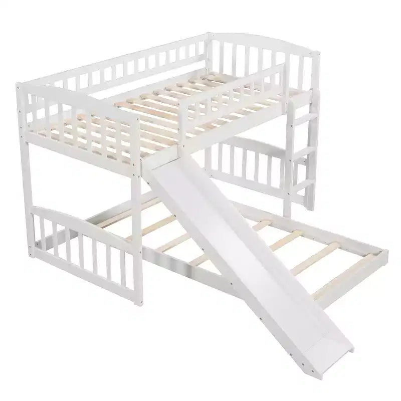 Floor Bunk Bed with Slide and Stairs, Low Bunk Bed Twin over Twin with Storage, Wood Twin Bunk Bed for Toddlers Kids