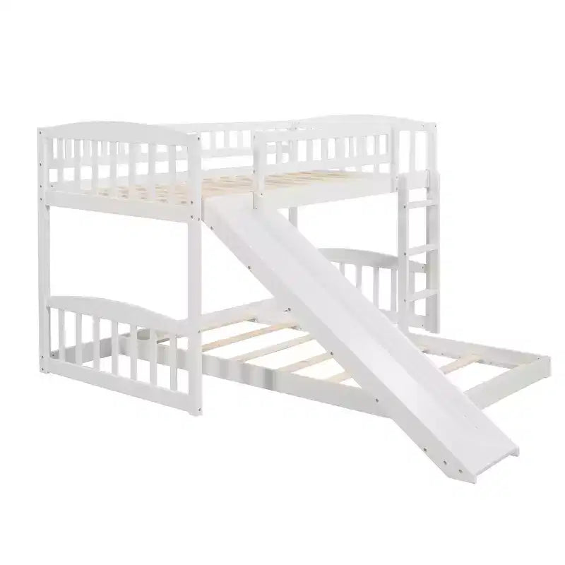 Floor Bunk Bed with Slide and Stairs, Low Bunk Bed Twin over Twin with Storage, Wood Twin Bunk Bed for Toddlers Kids