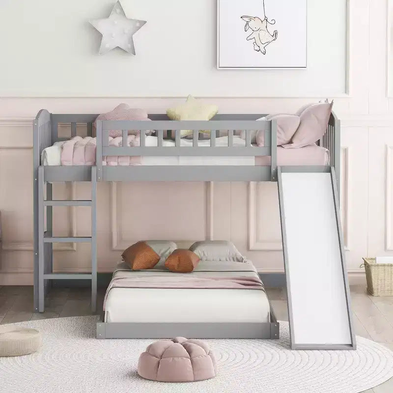 Floor Bunk Bed with Slide and Stairs, Low Bunk Bed Twin over Twin with Storage, Wood Twin Bunk Bed for Toddlers Kids