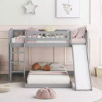 Floor Bunk Bed with Slide and Stairs, Low Bunk Bed Twin over Twin with Storage, Wood Twin Bunk Bed for Toddlers Kids